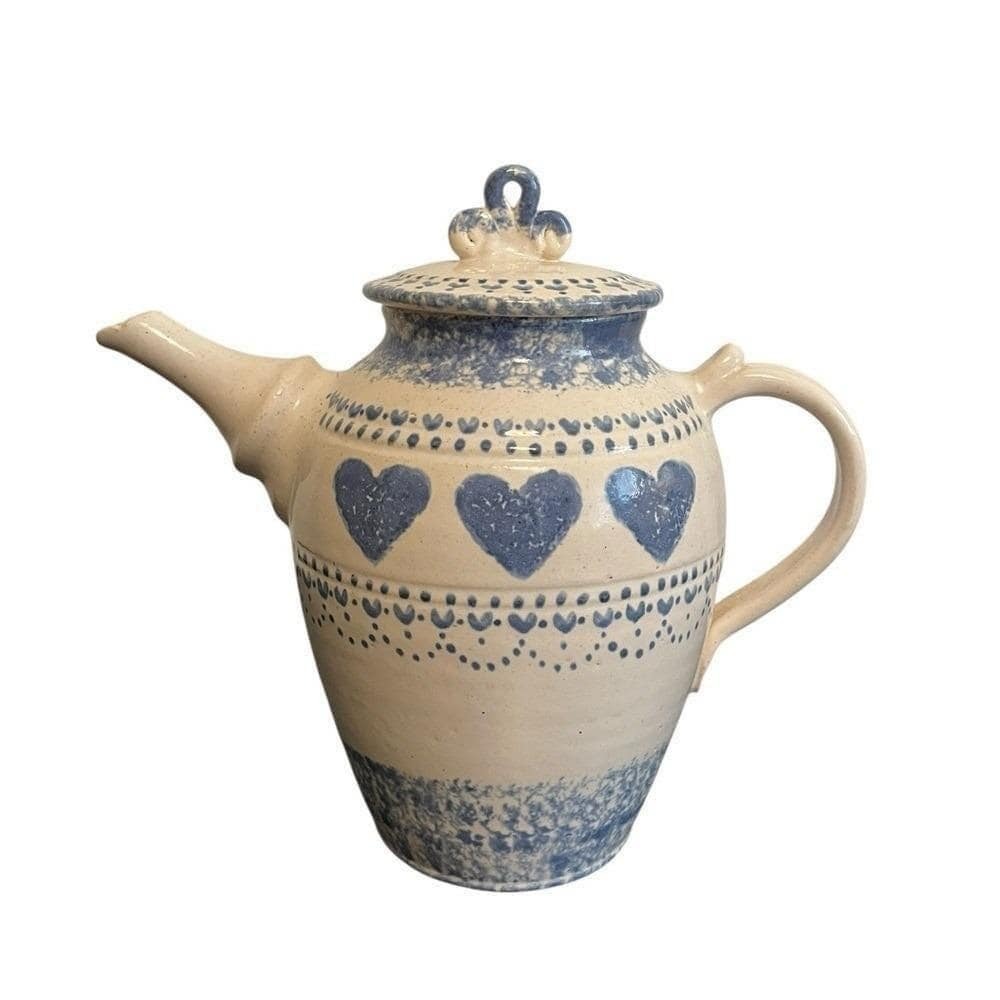 Grey Willow Lofton Stoneware Teapot Blue Hearts Sponge Paint Folk Art Pottery